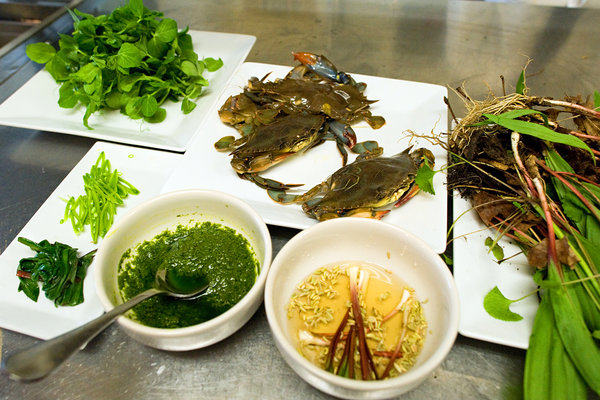 Purdy's Farmer and the Fish, a vinaigrette of puréed grilled ramp leaves, and their pickled stalks, accompanying soft-shell crabs.